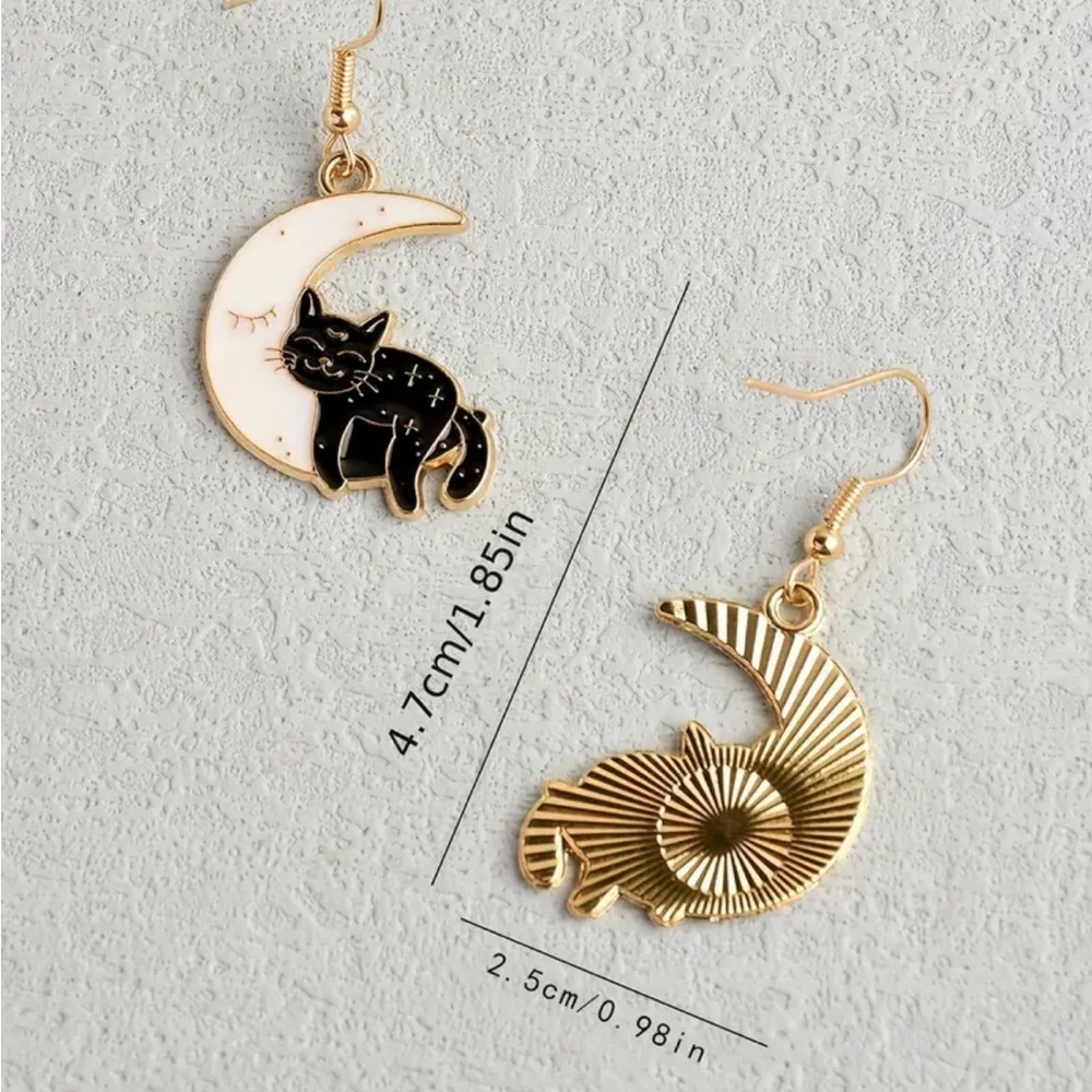 Enamel Moon Black Cat Dangle Earrings - Picture 2 of 2